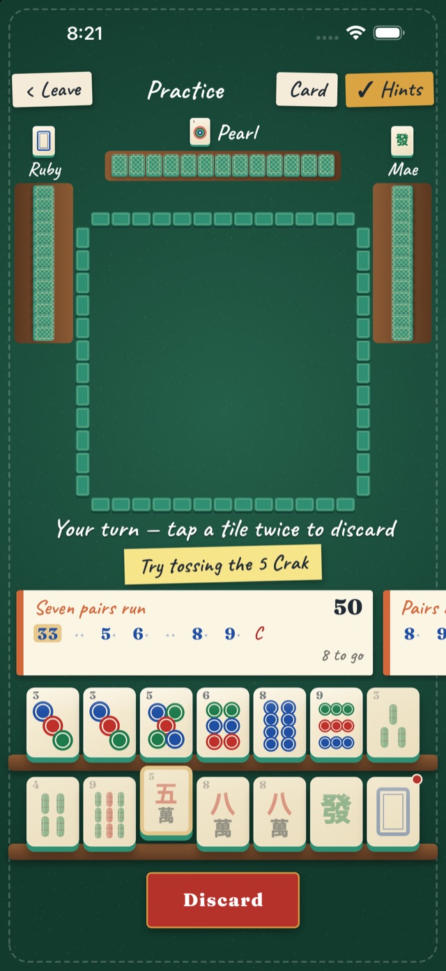 A hand in progress in Practice mode, with a hint card suggesting which tile to toss